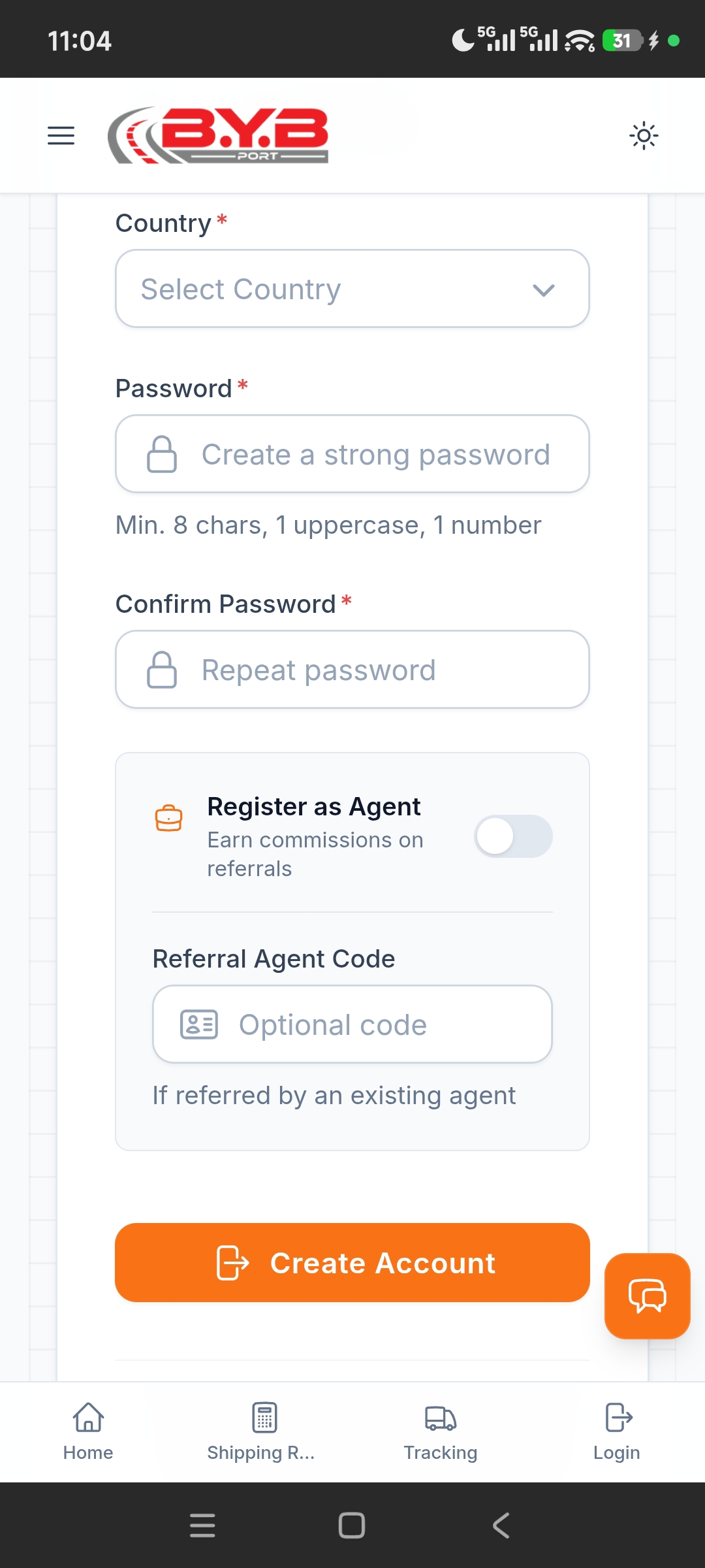 Create Your BYBPORT Account - Screen 1