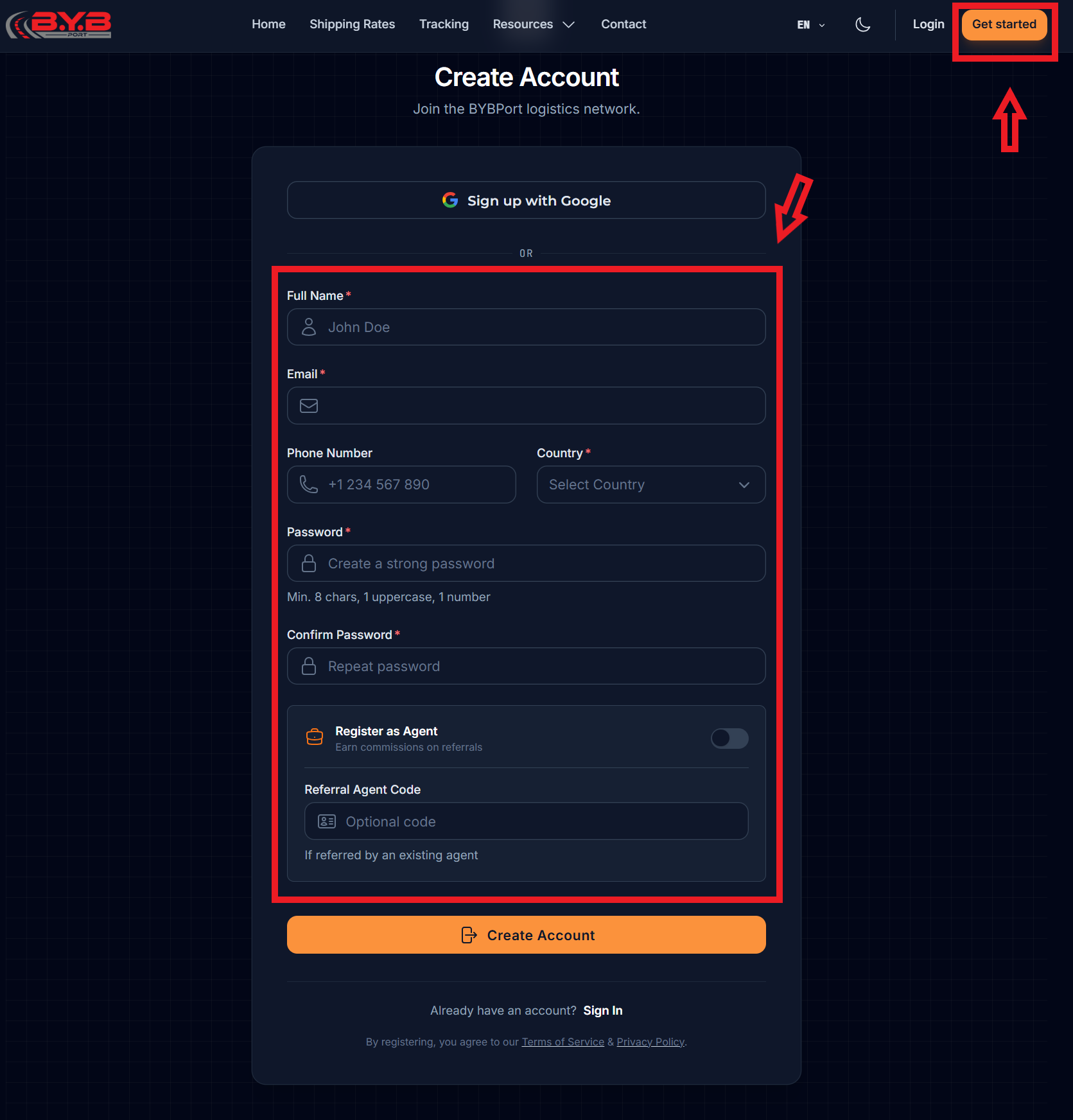 Create Your BYBPORT Account - Screen 1